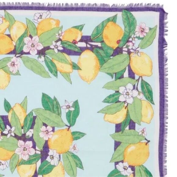 Vera Bradley Lemon Grove Blue Yellow Green Purple White Blossoms Fringe Scarf - Picture 4 of 12